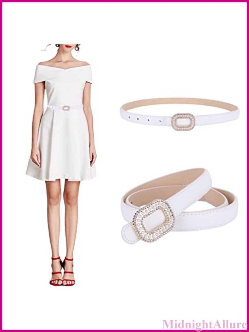 Genuine Leather Skinny Belt Pearl Rhinestone Buckle